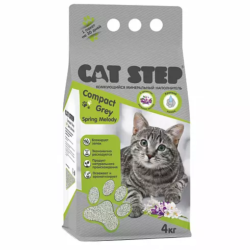 Наполнитель для кошек CAT STEP Серый Комкующийся Весенняя Мелодия / Compact Grey Spring Melody комкующийся, минеральный